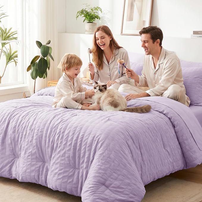 CozyLux King Size Comforter Set Light Purple, 7 Pieces Seersucker Textured Luxury Bed in a Bag Lavender, All Seasons Bedding Set with Down Alternative Comforter, Sheets, Pillowcases & Shams, Home Gift