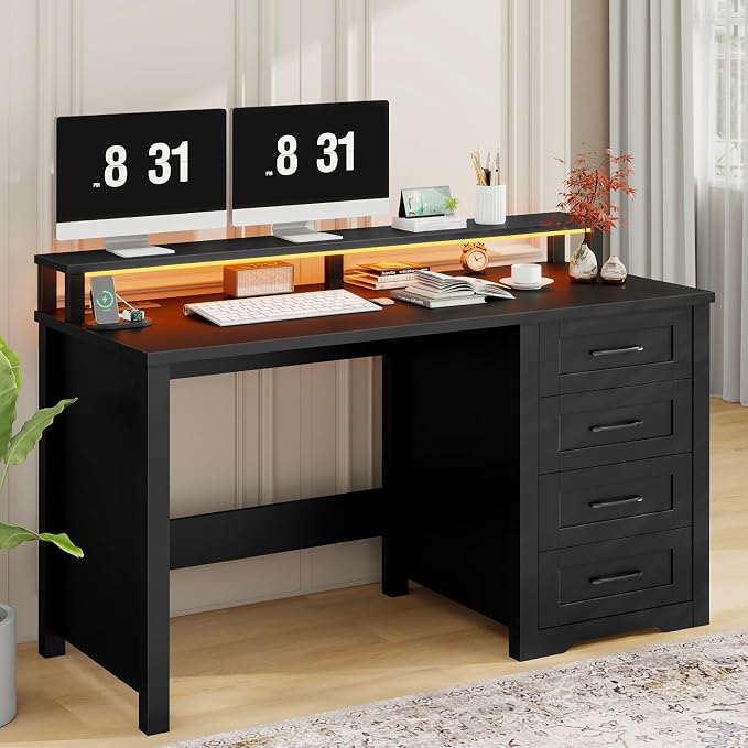Vabches 47" Farmhouse Executive Desk with Monitor Stand and LED Lights,4 Drawers Computer Desk with Power Outlets,Large Workspace for Work Study Writing.(Pure Black)