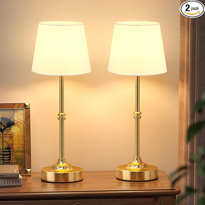 Kakanuo Rechargeable Cordless Table Lamp Gold - 2 Pack Brass 4000mAh Battery Operated Lamp, 3000K Warm Light, Touch Control Stepless Dimming, for Bedside, Dining Table, Home Decor