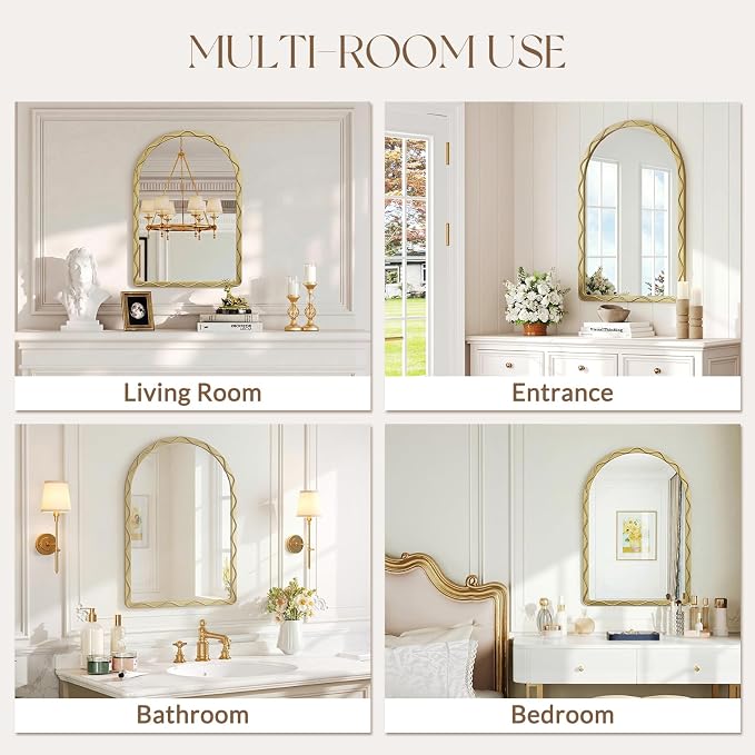 Uniclinens Gold Arched Mirror Decor - Large Vintage Scalloped Mirror Decor with Metal Frame, Wavy Decor Mirror for Nursery,Entryway,Fireplace,Living Room,Hallway,Bathroom,24"X36"