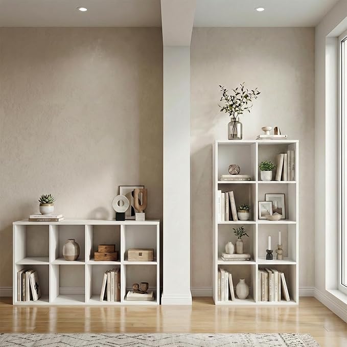 Endearing Limons【2026 Wooden 8 Cube Shelf Storage Organizer with Anti-Tipping Kits + Reversible Open Back Solid Panel Bookcase (11 x 11 Unit Cell White)