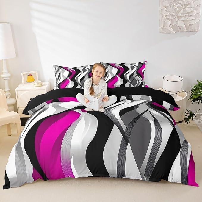 Pink Black Stripes Duvet Cover Set Toddler Size,Modern Abstract Wave Striped Bedding Set,Girls Women Room Decor,Simple Geometric Artwork Chic Comforter Cover,Comfy Quilt Cover,1 Pillowcase(No Filler)