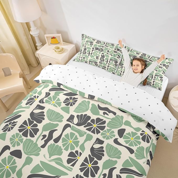 Erosebridal Boho Abstract Colorful Floral Duvet Cover King Mid Century Modern Abstract Geometric Bedding Set Vintage Retro Patchwork Green Flower Comforter Cover Botanical Geometric Aesthetic Bed Set