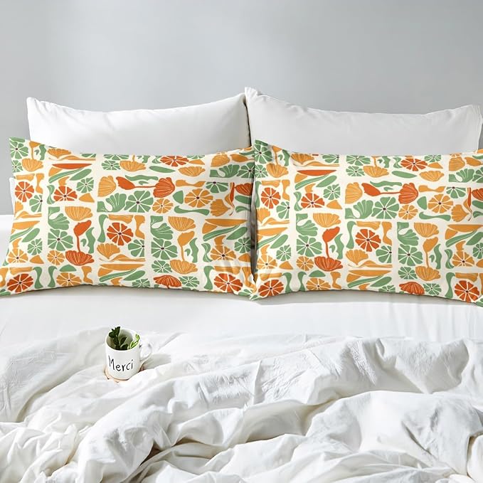 Erosebridal Mid Century Modern Comforter Cover Full Abstract Geometric Boho Floral Bedding Set Cute Yellow and Green Plants Patchwork Duvet Cover for Kids Adults,Vintage Aesthetic Geometric Bed Set