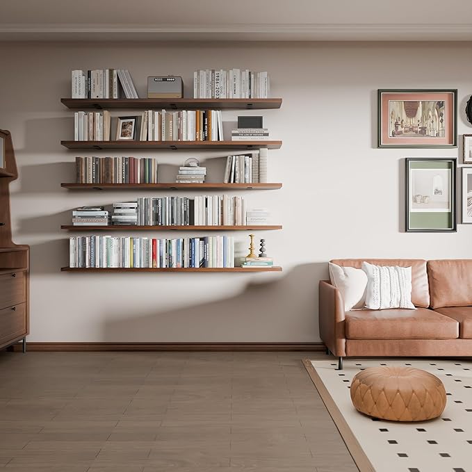 5 Tier Book Shelf,60 inch Long Floating Shelf for Wall,Adjustable Large Bookcase,Wall Mounted Bookshelf for Living Room