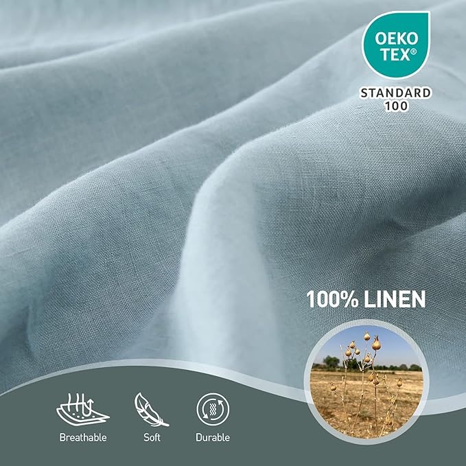 Simple&Opulence 100% Linen Duvet Cover Set, 3 PCS Natural French Flax Dusty Blue Duvet Cover Queen Size, Breathable Soft Comfy Linen Bedding Comforter Cover with 2 Pillowcases(Dusty Blue, 88"x92")