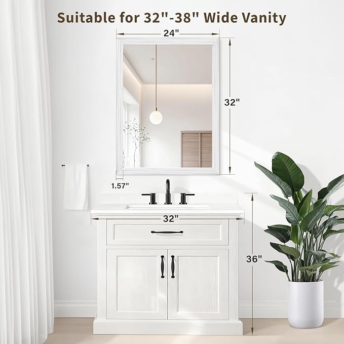 White Wood Effect Framed Wall Mirror, 24x32 Rectangle Mirror, Anti-desilvering Tempered Glass, Sustainable& Sturdy Frame, Anti-Rust, HD Reflection &3min Fast Setup for Bathroom Living Room