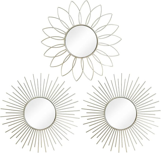 3 Pack Metal Mirrors for Wall Sunburst Wall Mirrors Home Décor Decorative Hanging Wall Art for Living Room Bedroom Entryway (Silver2, Flower+Sunburst)
