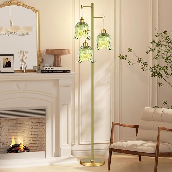 Gold Floor Lamp for Living Room,Bedroom,Tree 3 Light Standing Lamp Mid Century Modern Brass Tall Floor Lamps Vintage Retro Floor Lights Green Glass Flower Lamp Shade Farmhouse Boho Bohemian