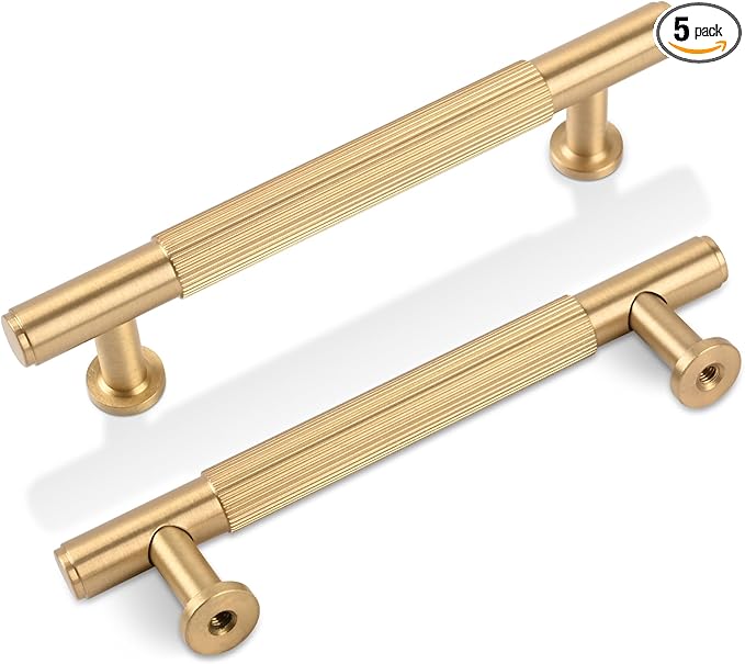 SALISENG-5 Pack Satin Gold Kitchen Cabinet Pulls, 3-3/4 Inches Brushed Brass Dresser Drawer Handles, Modern Gold Furniture Door Handles for Cupboard Vanity Wardrobe Cupboard