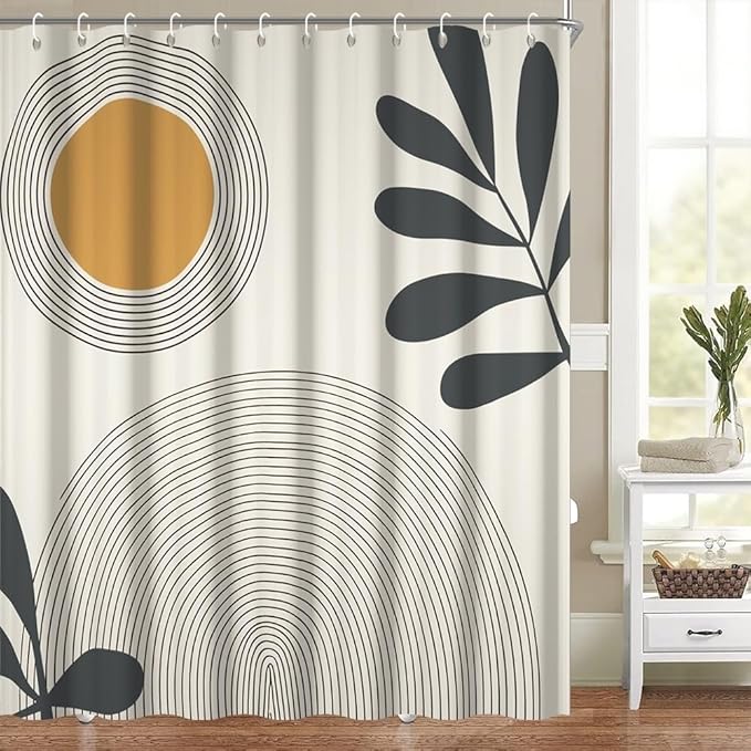 Black Gray Boho Shower Curtain for Bathroom Modern Abstract Minimalist Neutral Bathroom Decor Mid Century Arch Sun Leaf Bathtub Curtains Washable Waterproof Polyester Fabric with Hooks 60x72 Inch