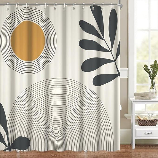 Black Gray Boho Shower Curtain for Bathroom Modern Abstract Minimalist Neutral Bathroom Decor Mid Century Arch Sun Leaf Bathtub Curtains Washable Waterproof Polyester Fabric with Hooks 69x70 Inch