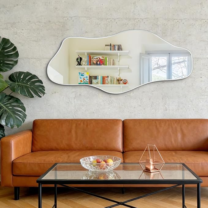 Irregular Wall Mirror, 54.5"x24" Silver Asymmetrical Tempered Glass Mirror, Large Frameless Organic Shaped Mirrors for Entryway Hallway Bedroom Living Room, Horizontal or Vertical Hanging
