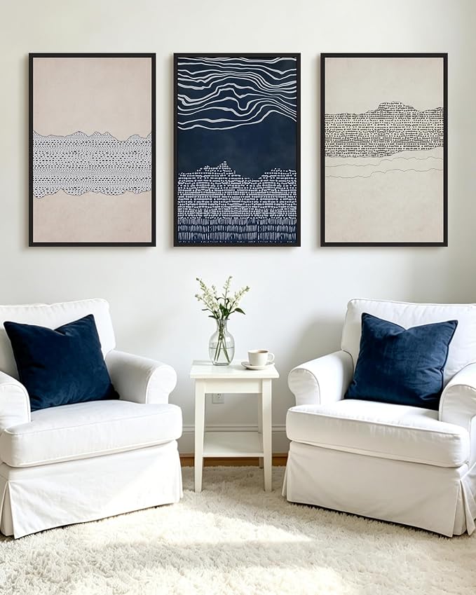 KUVIOKE Navy Blue Abstract Framed Wall Art Modern Neutral Minimalist Wooden Pastel Boho Wall Decor Farmhouse Rustic Art Painting Home Decor 24x36in (Black Framed)