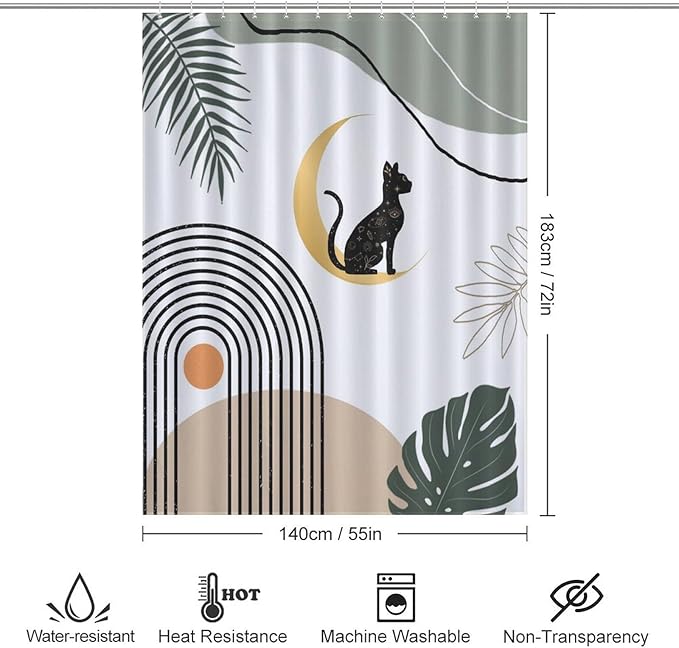 Boho Black Cat Shower Curtain Abstract Mid Century Modern Moon Green Leaf Geometric Mystic Waterproof Shower Curtains for Bathroom Decor 12 Pack Hooks 55x72in（140x183cm）