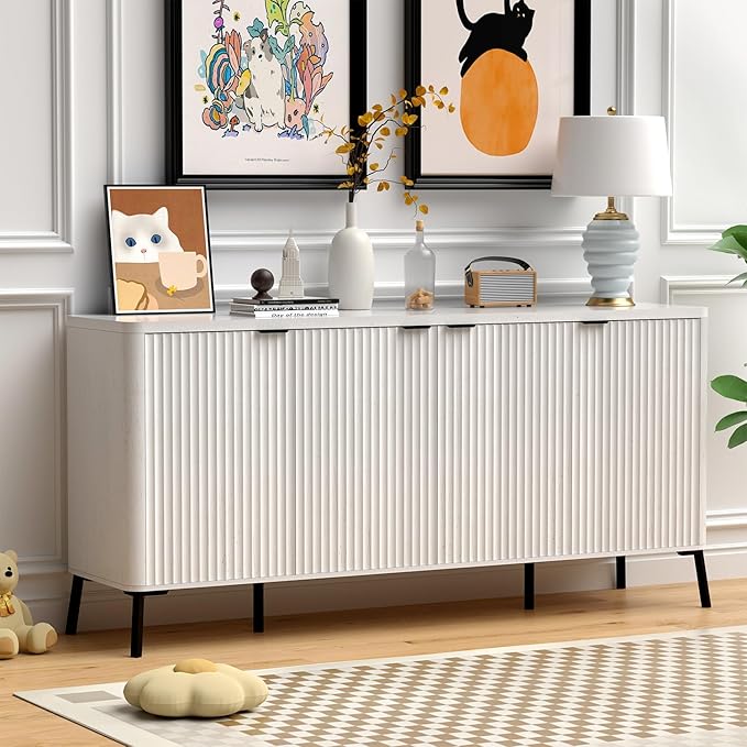 Buffet Cabinet, 63" Large Sideboard Buffet Cabinet with Storage, Modern Fluted Sideboard with 4 Doors, Wood Credenza Coffee Bar Storage Cabinet, for Living Room, Kitchen, Hallway, White