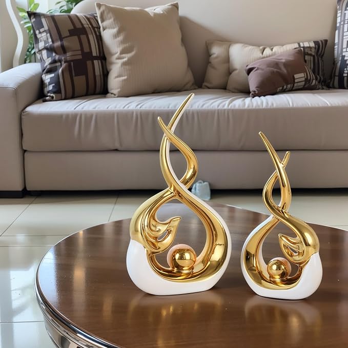 Home Decor Modern Abstract Art Ceramic Statue - 2 PCS White and Gold Sculptures, Mid Century Modern Decor, Elegant Table Centerpieces for Dining Room, Living Room, Office, Entryway, Bookshelf, Mantel