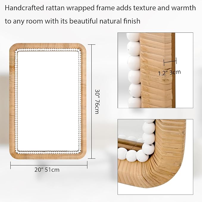 FUIN 30x20 Inch Rattan Wall Mirror with White Bead Trim, Handmade Boho Bathroom Vanity Mirror, Natural Rectangular Hanging Mirror for Bedroom, Living Room, Entryway, Vertical or Horizontal Mount