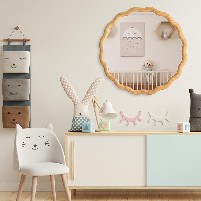 PERFNIQUE Scalloped Round Mirror 24", Wood Framed Nursery Wall Mirror with Tempered Glass, Decorative Wavy Edge Circle Mirror for Bedroom, Entryway or Living Room