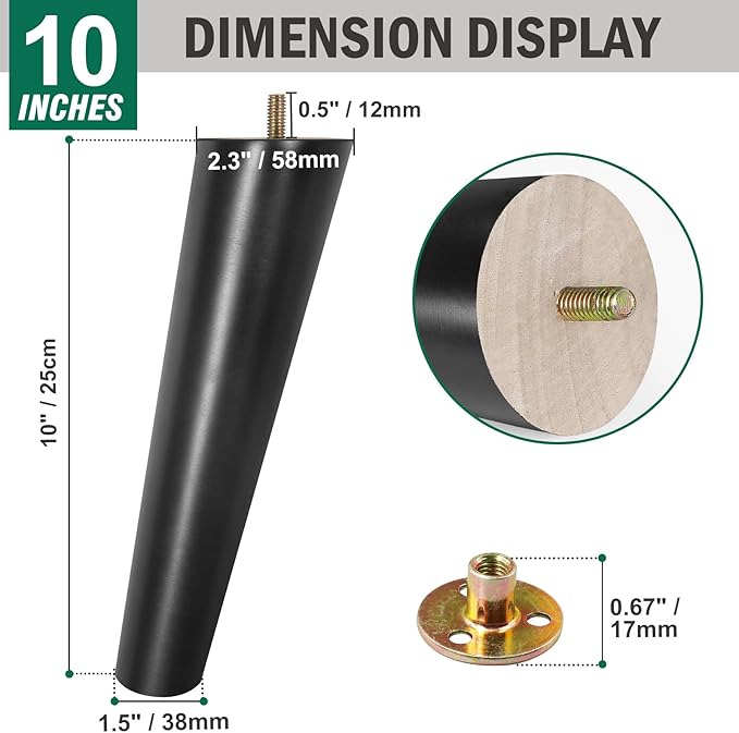 FoDau770 Black Rubber Wood Furniture Legs 10 Inches, Slant Tapered Wood Feet Mid Century Sofa Legs Set of 4, 5/16" UNC Furniture Feet Replacement Parts for Cabinet Couch Dresser Chair Ottoman Table
