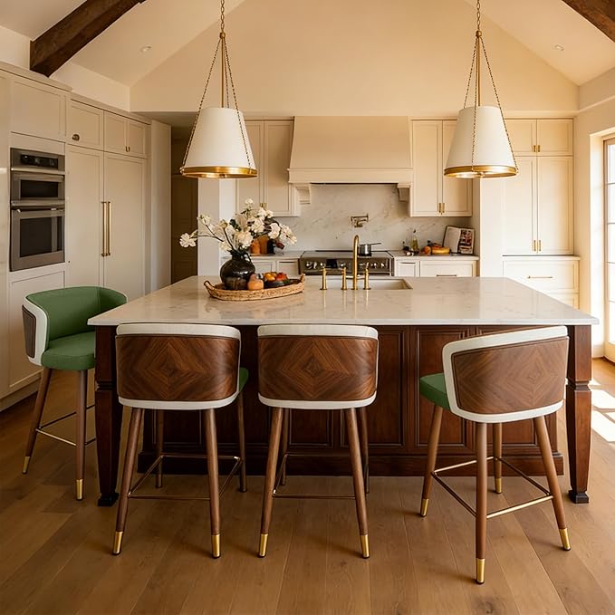 ARTPLAN Mid Century Modern Bar Stools Set of 2 for Counter Height - Leather Upholstered Seat with Walnut Wood Frame, Retro 34 Inch Bar Chairs for Home Kitchen Island, Bar, Breakfast Nook,Avocado