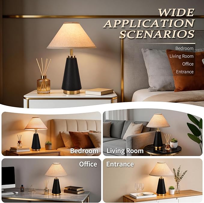 18.11 Inch Black Modern Table Lamp Set of 2, Beige Fabric Shade with PU Leather Base, Home Decor Lamp for Kitchen Counter, Bedroom, Nightstand, Desk Lighting, Bookshelf, Living Room, Kids Dorm