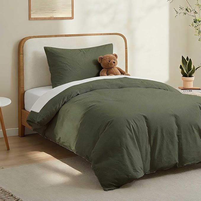 LOVQUE Olive Green Cotton Duvet Cover Twin Size, Linen Like Natural Bedding Set with Zipper Closure (No Comforter), 68x90 Inches