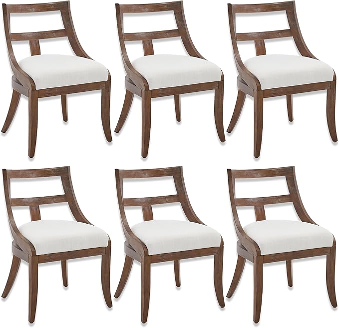 Modern Farmhouse Dining Chairs Set of 6 Mid Century Upholstered Dining Chair with Wooden Curved Back Kitchen Chairs for Dining Room Restaurant Cafe, Brown Walnut Colored-Linen Beige