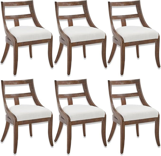 Modern Farmhouse Dining Chairs Set of 6 Mid Century Upholstered Dining Chair with Wooden Curved Back Kitchen Chairs for Dining Room Restaurant Cafe, Brown Walnut Colored-Linen Beige