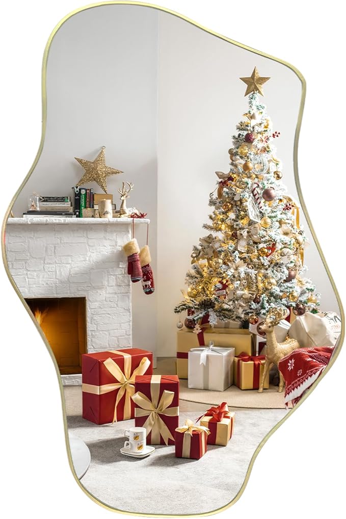 Gold Irregular Mirror, 21"x14" Asymmetrical Wall Mirrors, Modern Frameless Mirror for Wall, Unique Shaped Mirrors for Living Room Bedroom Bathroom Hallway Entryway Fireplace