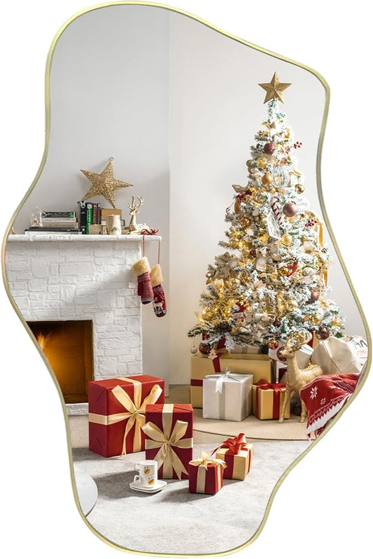 Gold Irregular Mirror, 21"x14" Asymmetrical Wall Mirrors, Modern Frameless Mirror for Wall, Unique Shaped Mirrors for Living Room Bedroom Bathroom Hallway Entryway Fireplace