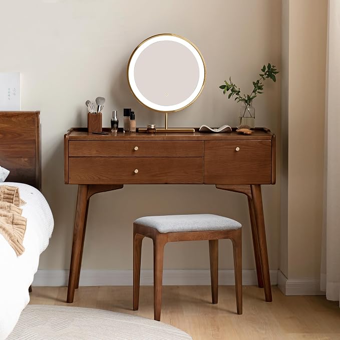 Small Vanity Desk, Solid Wood Dressing Table with Drawer Divider, Study Desk and Vanity Desk for Bedroom, Walnut Color, 18" D x 40" W x 32" H