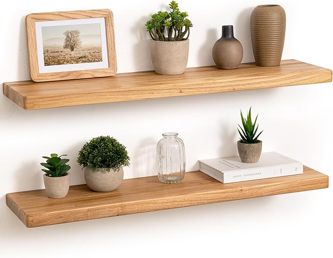 Floating Shelves 30" W x 8" D, Solid Elm Wood Shelves for Wall, 8 Inch Deep Floating Shelves for Home Storage & Display, Rustic Wooden Bathroom Shelves 30 Inch Long, Set of 2, Heavy-Duty Bookshelf