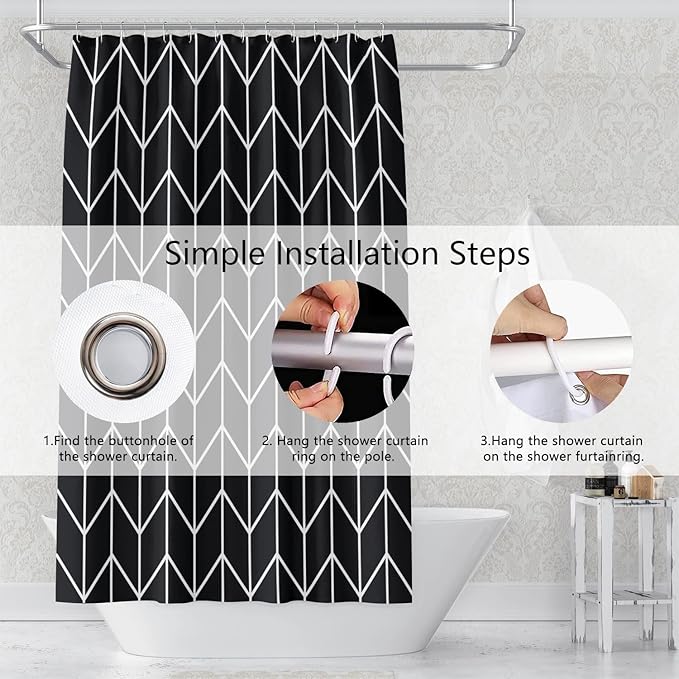 Black and White Pattern Bathroom Shower Curtain Abstract Geometry Line Bath Curtain with Hooks Waterproof Polyester Fabric Shower Curtains for Modern Artistic Bath Decorative, 36x72 Inch