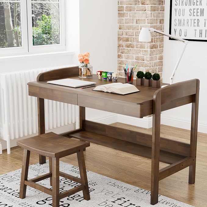 100% Solid Wood Desk with Drawers - 40 Inch Mid Century Modern Desk, Rubber Wood Vintage Desks, Manual Standing & Adjustable Height Writing Desks for Bedroom|Small Spaces - Walnut Color