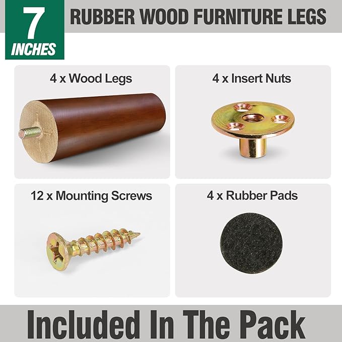 FoDau770 Brown Rubber Wood Furniture Legs 7 Inches, Straight Tapered Wood Feet Mid Century Sofa Legs Set of 4, 5/16" UNC Furniture Feet Replacement Parts for Cabinet Couch Dresser Chair Ottoman Table