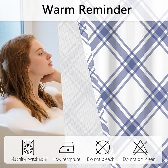 No Hook Plaid Shower Curtain with Snap in Liner - Purple & White Checkered Design, Waterproof Fabric Hotel Shower Curtains for Bathroom with See Through Mesh Top Window, 71x74 Inch