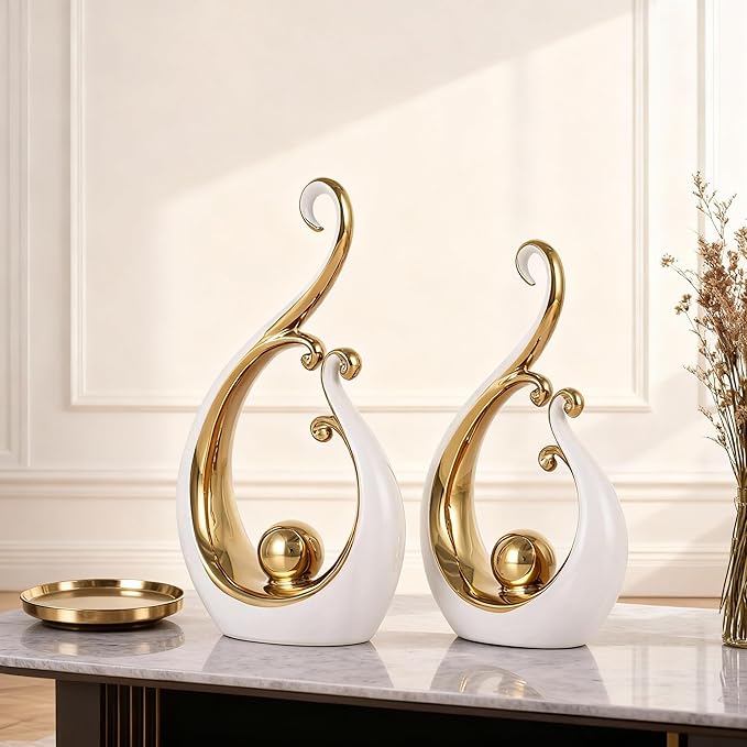 DOVDOV White and Gold Home Decor, Abstract Ceramic 2-Piece Sculpture Set, Modern mid-Century Art Statues, Perfect for Accent Tables, countertops, Coffee Tables, and entryway Decor.