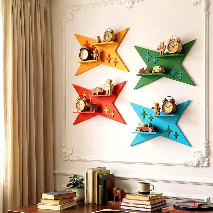 Threehoney Mid-Century Modern Wall Set of 4 Colorful Floating Display Shelves Retro Style Starburst Wall Mounted Shelves Storage for Bedroom, Living Room Decor(Four-Pointed Star)