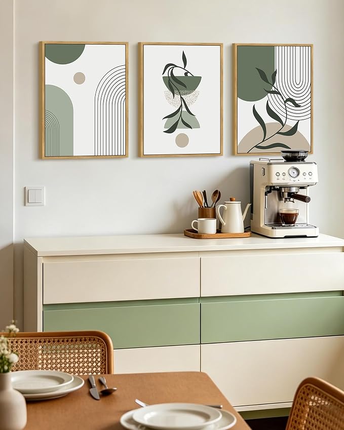 KUVIOKE Boho Wall Art Framed Botanical Modern Wall Printing Green Neutral Abstract Geometric Prints Bohemain Sage Decor for Farmhouse Living Dining Room 12x16in (Natural Framed)
