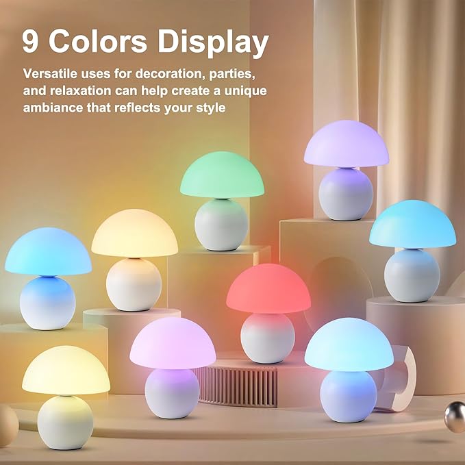 Cordless Cute Mushroom Lamp with Remote Control, Cordless Lamps for Tables, 9 RGB, 3 Color Temperature, Stepless Dimmable, Timer, Memory, Unique Aesthetic Home Decor for Living Room (White)