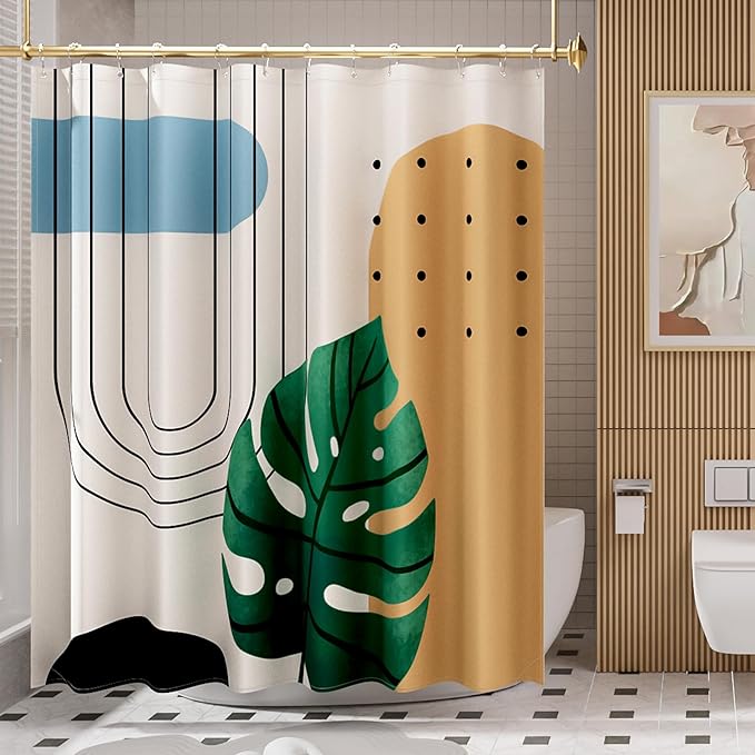 AmazerBath Boho Shower Curtain, Beige and Brown Abstract Cloth Shower Curtain with 12 Metal Hooks, Luxury Washable Farmhouse Polyester Fabric Bathroom Green Leaf Shower Curtain Set, 72x72 Inches
