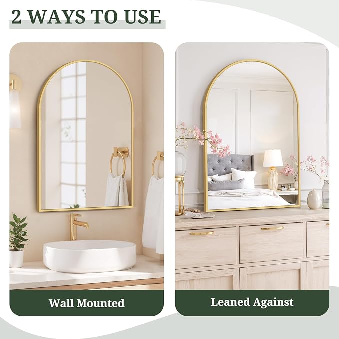 Arched Wall Mirror 38x26 Inch Gold Bathroom Vanity Mirror with Metal Frame, Modern Arch Mirror for Bedroom, Living Room, Entryway, Wall Mounted Decorative Mirror