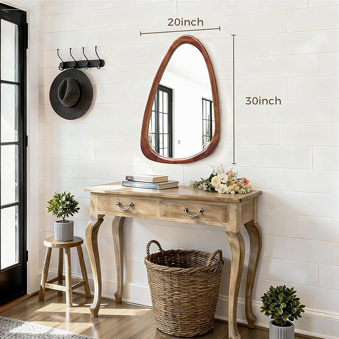Asymmetrical Mirror, 30"x20" Unique Irregular Wall Mirror, Wood Mid Century Modern Mirror Decor for Bathroom Bedroom Living Room Entryway Hallway (Natural Wood)