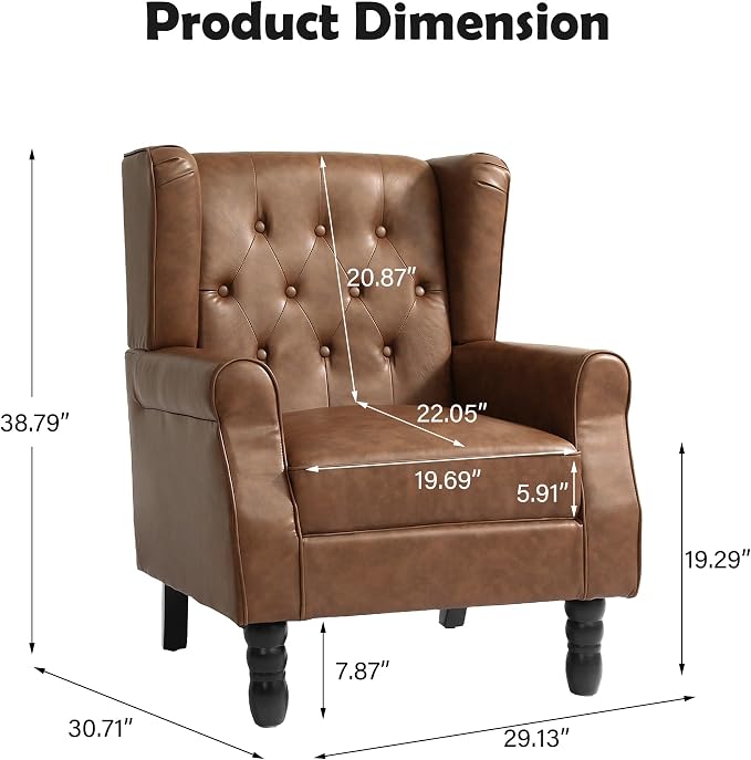 Pia Ricco Set of 2 Mid-Century Modern Wingback Accent Chairs - Luxe Brown Faux Leather with Wooden Legs, Easy-Clean PU Leather for Living Room, Lounge, Home Theater & Dining Room