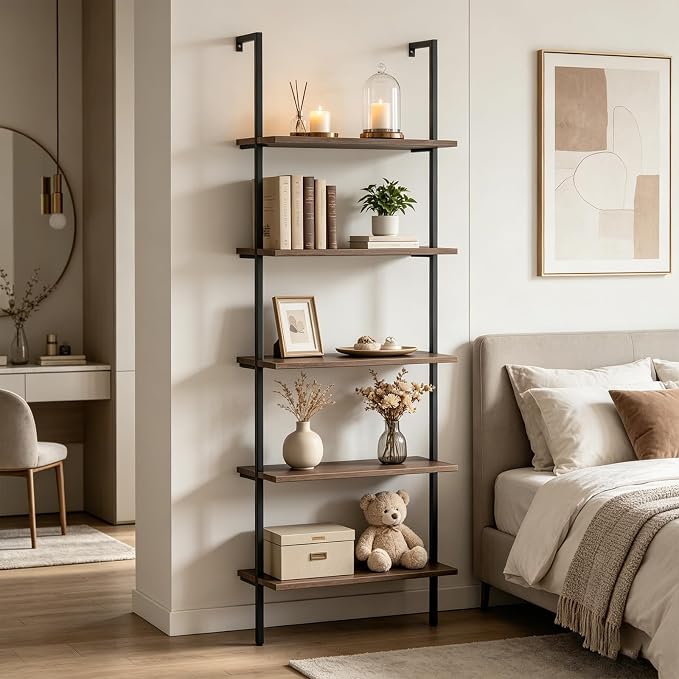Wolawu 5 Tiers Ladder Shelf Brown Modern Bookshelf Open Tall Wall Mount Bookcase Standing Leaning Wall Shelves Industrial Decorative Living Room Bed Room