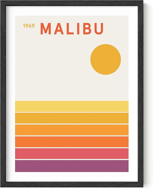 HAUS AND HUES Retro Malibu Travel Poster – Vintage California Beach Art, 1960s Aesthetic Decor, Yellow Print (Unframed, 12x16)