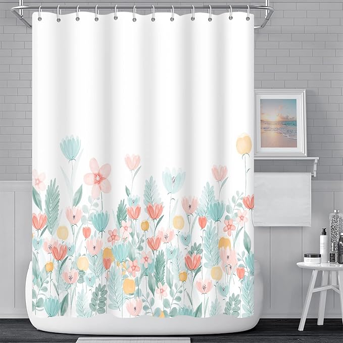 Nature Flower Shower Curtain for Bathroom - Blue and Pink Floral Wild Grass Botanical Design, Modern Aesthetics, Washable Polyester Fabric With Hooks, 72x72 Inch