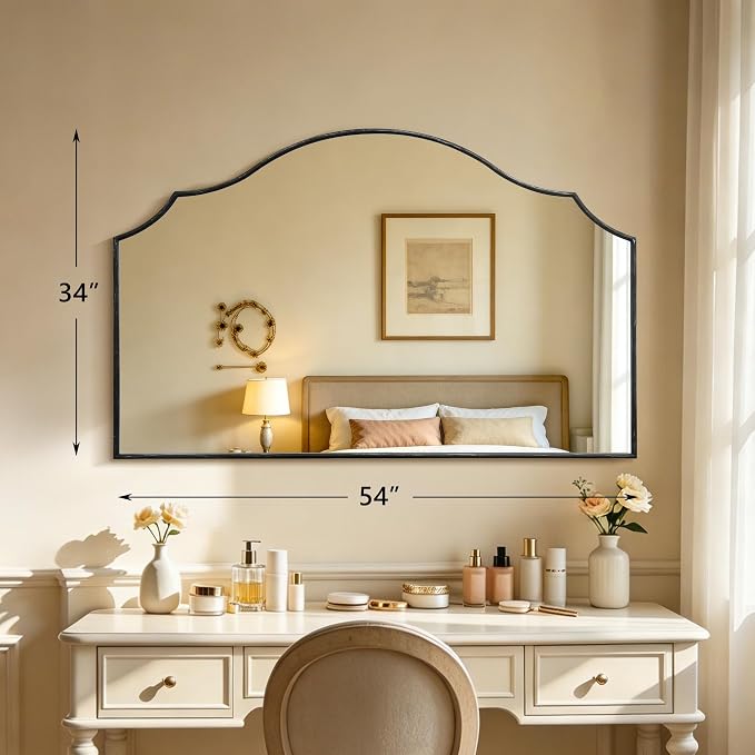 Besdomus Oversized Scalloped Black Mirror: 54"x34" Modern Minimalist Wood Frame Wall Mirror - Classical Fireplace Arched Mirrors for Bathroom/Dresser/Entryway/Living Room - Home Decor for Women