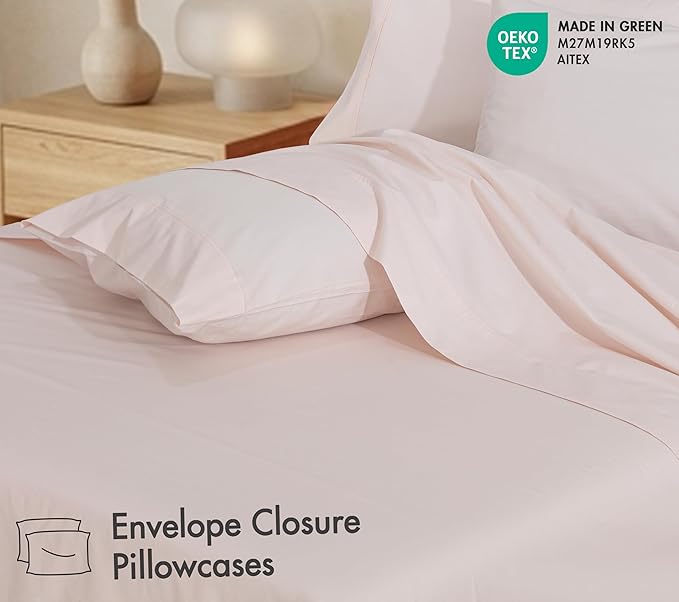 RUVANTI 100% Cotton Percale Sheets Queen Size 6 Piece Set, Cooling Bed Sheets for Hot Sleepers, Deep Pocket 16”, Breathable Lightweight & Durable, Crisp Hotel Style Sheets, Blush Pink